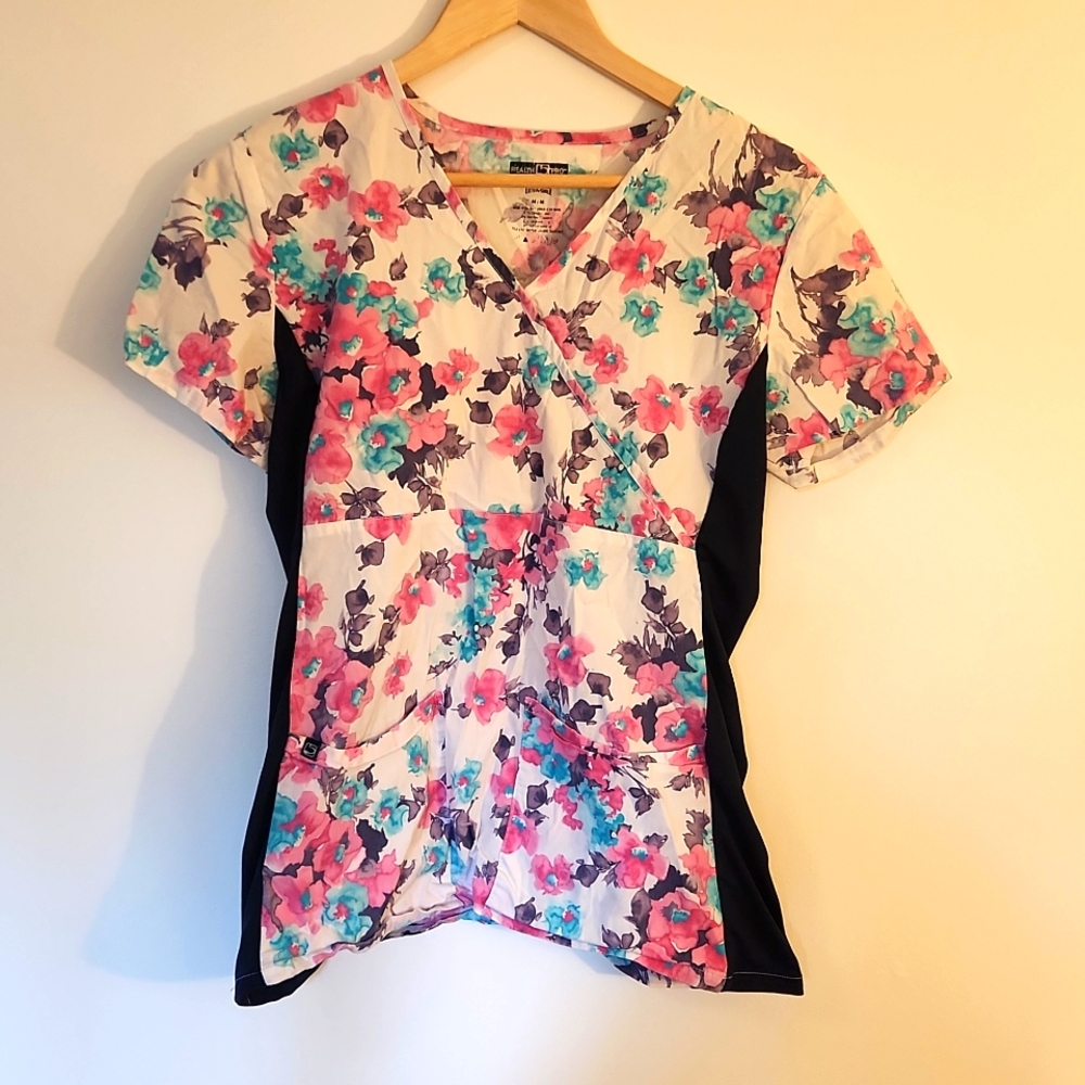 Pink and Blue Floral White Scrub Top Stretch Sides